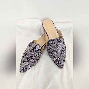 Paisley Mule Flats Size 7.5 – Pointed Toe Slip On Loafers Neutral Print